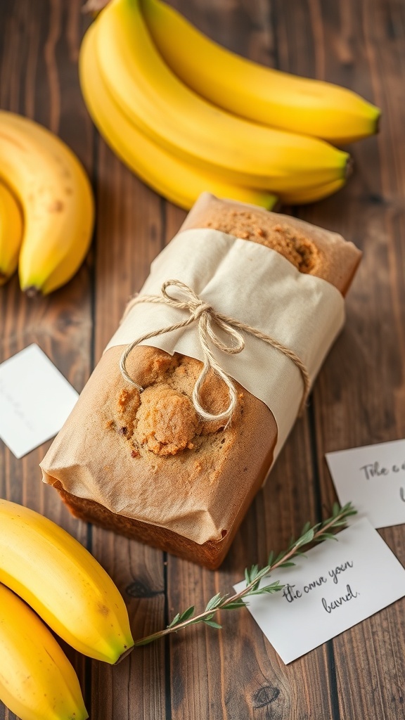 A loaf of banana bread wrapped in parchment and twine on a wooden table with decorative elements.